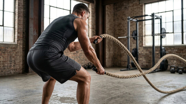 Rear view of faceless muscular man doing battle ropes workout in modern industrial gym