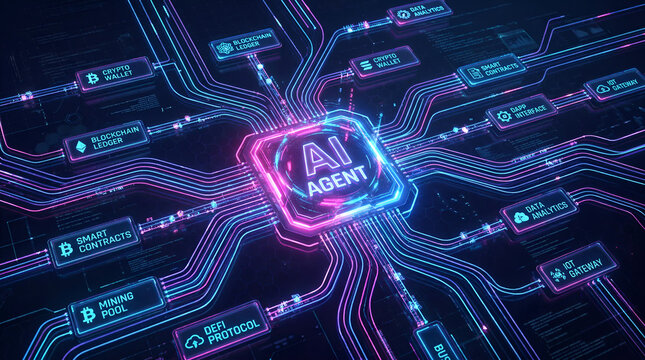 Neon AI agent circuit board background with pink and blue lights