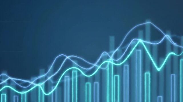 Dynamic visualization of financial graphs and data trends with smooth lines and bars on a dark blue background