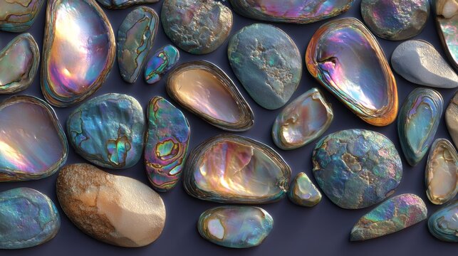 Collection of smooth iridescent abalone shells with shimmering colors