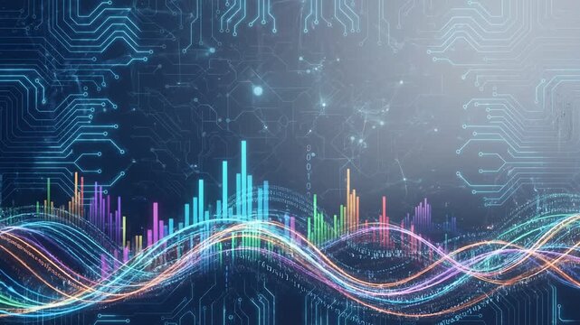 Dynamic visualization of colorful wave patterns and data spikes against a dark blue background, suggesting technology and innovation