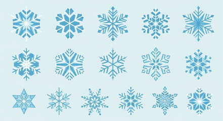 Collection of Various Blue Snowflake Icons for Winter Design.