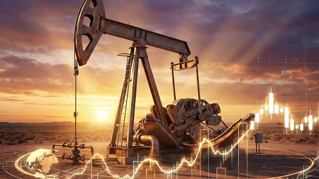 An industrial oil pump jack silhouetted against a vibrant sunset, with dynamic lighting casting dramatic shadows over the landscape