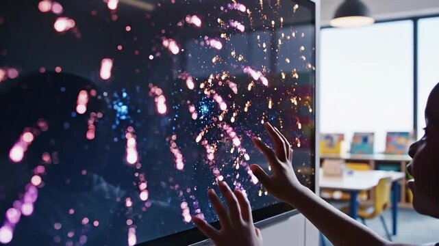 Child hand touching digital screen with colorful fireworks display, interactive technology learning, curiosity, creativity, bright light