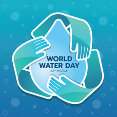 World water day - Text in hands curve hugs loop drop water around on blue bubble texture background vector design