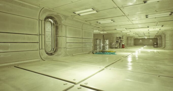 vast module hall with parked maintenance equipment and stacked supplies, oval porthole frames faint exterior light, polished panels and linear ceiling fixtures