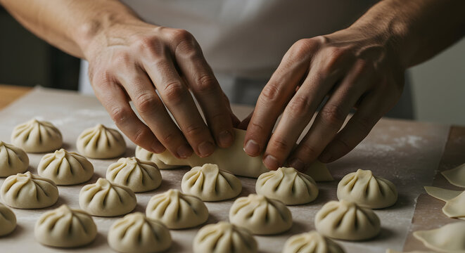 Hands Skillfully Forming Traditional Dumplings in a Culinary Kitchen Environment, Showcasing the Art of Food Preparation and Craftsmanship