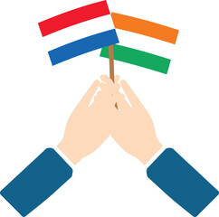 celebratory illustration of diverse hands holding small national flags of india and netherlands on white background