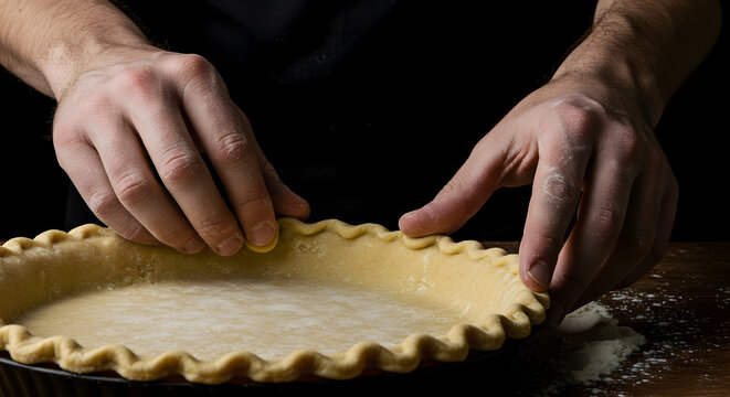 Artisan Baker's Focused Hands Skillfully Crafting A Perfect Pie Crust In A Dark Kitchen, Showcasing The Art Of Homemade Pastry Creation