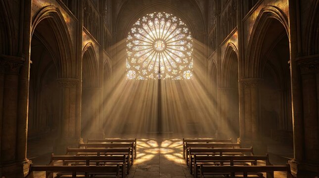 Church window bathed in sunlight casting light beams like goggles reflection concept. Dramatic lighting shines through a gothic cathedral's stained glass.