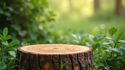 Fototapeta premium rustic wooden podium tree stump table in lush green garden natural product display background