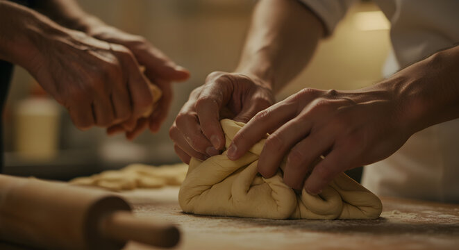 Artisan Bread Making Process Captured With Hands Kneading Dough in a Warm, Inviting Kitchen Setting, Highlighting Culinary Craftsmanship and Love for