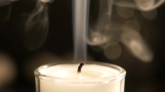 Gentle smoke rising from extinguished candle with bokeh lights in background