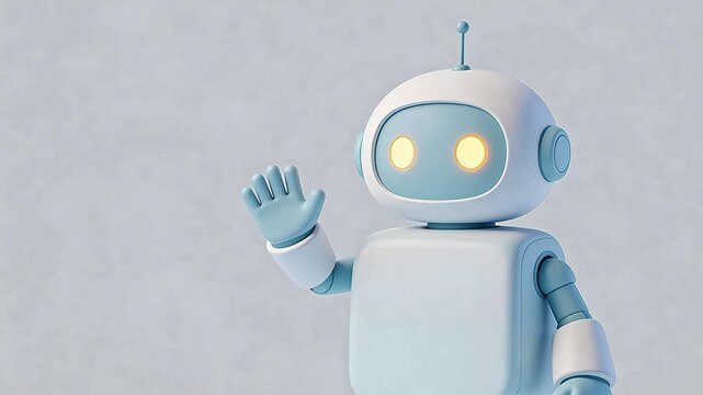 Friendly blue AI robot waving hello on white background &mdash; modern, approachable artificial intelligence concept for tech, education, and customer service