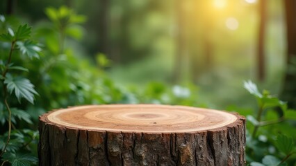 rustic wooden podium tree stump table in lush green garden natural product display background
