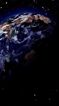 Global perspective earth rotation space stars motion graphics vertical video. Aerial view rotating planet earth nighttime timelapse vertical video.
