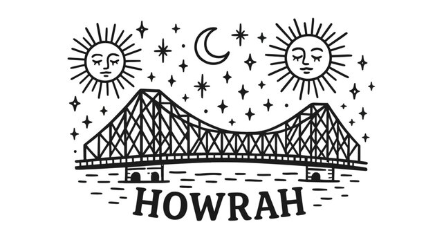 A black and white illustration of Howrah bridge under celestial bodies