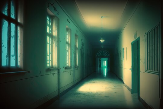 A long corridor in the old prison. A gloomy interior with shabby walls. A dilapidated, abandoned building, a dreadful, hopeless backdrop. AI generated