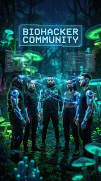 Biohacker community interacting in futuristic forest with glowing mushrooms  