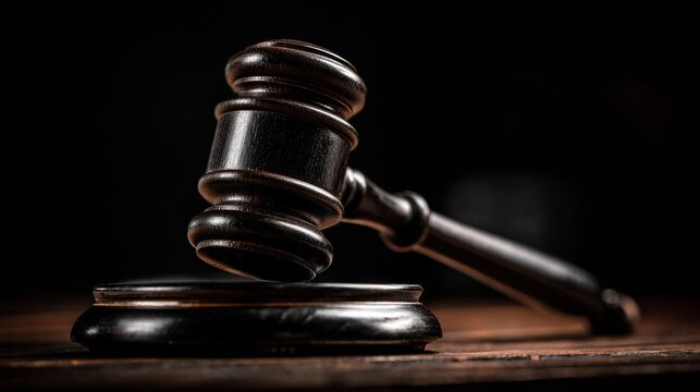 Dark polished wooden gavel striking a sounding block