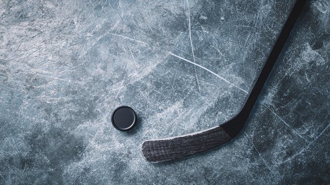 Hockey puck and stick on ice surface.