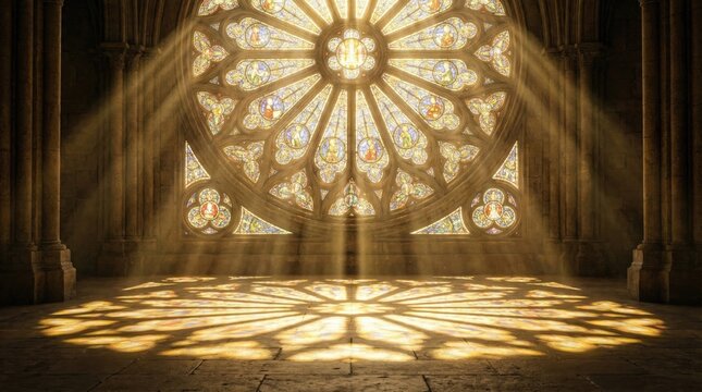 Church window bathed in sunlight casting light beams like goggles reflection concept. Illuminated stained glass window casting beautiful patterns.