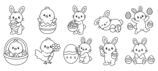 Cute Easter Bunny and Spring Icons Coloring Page Line Art Set	
