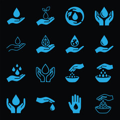 Fototapeta premium Set of 16 water conservation, environment, and ecology icons with hands.