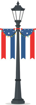 vintage street lamp post decorated with american flag ribbons and stars for independence day isolated on white background