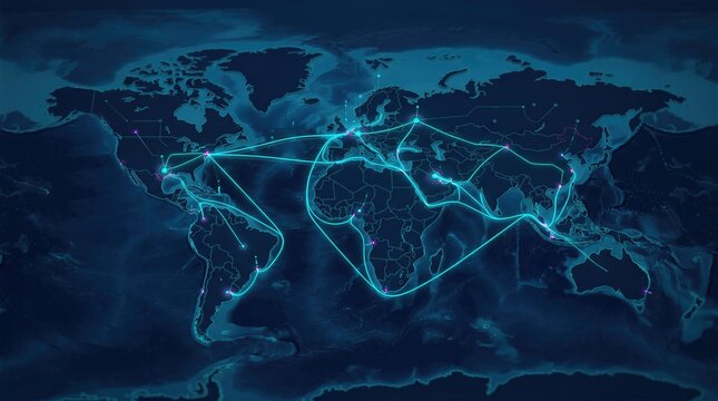 Global network map illustrating liquefied natural gas (LNG) transport routes, highlighting major shipping lanes and connections across continents and regions