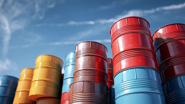 oil barrel crude oil inventory storage concept, stacked barrels with clean industrial design, high quality editorial, Brightly colored barrels stand tall under clear blue skies. Stacked in rows