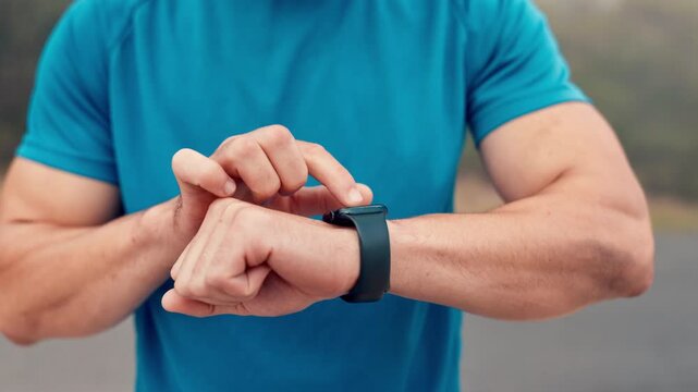 Hands, fitness and check smart watch for performance, tracking health or heart rate in nature. Outdoor, athlete person or man with wristwatch for sport app, wellness or step counter for activity
