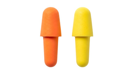 Foam earplugs, orange and yellow isolated on transparent background