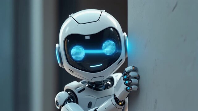 "Futuristic humanoid robot with glowing blue eyes peeking playfully from behind wall"