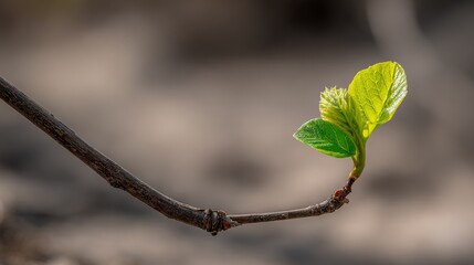 New vibrant green leaf unfurling from a bare branch