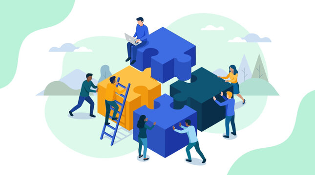 Business Team Collaboration and Partnership Concept Illustration, Diverse People Working Together Assembling Large Jigsaw Puzzle Pieces for Success and Strategic Solution