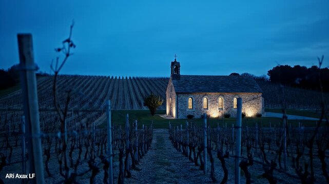 Small Stone Church Illuminated at Dusk Overlooking Vineyards Under A Deep Blue Twilight Sky