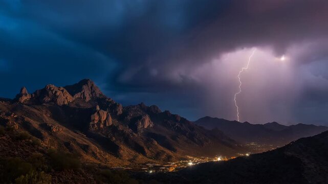 夜の山に雷が落ちる迫力の風景