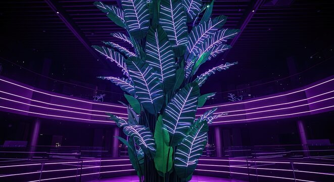 Neon Illuminated Palm Tree With Electric Green and Purple Lights