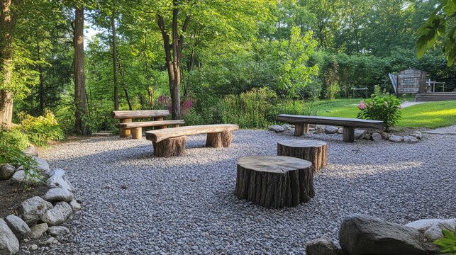 gravel area with rustic outdoor seating .
