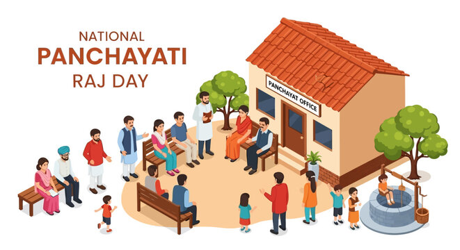 Illustration of people gathered outside a village building on National Panchayati Raj Day, celebrating rural governance and democracy in India with a colorful design.