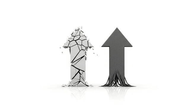 Cracked broken arrow versus growing upward arrow, symbolizing decline versus growth