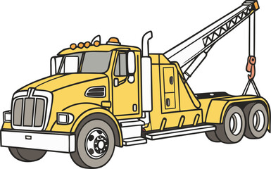 Fototapeta premium Yellow wrecker tow truck isolated on transparent background, emergency roadside recovery and towing service vehicle.