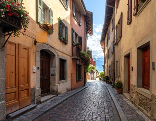 A serene cobblestone street lined with colorful buildings and potted plants