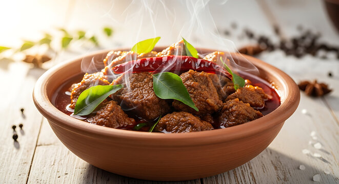 Steaming Hot Meat Curry in Clay Bowl with Curry Leaves and Chili Peppers