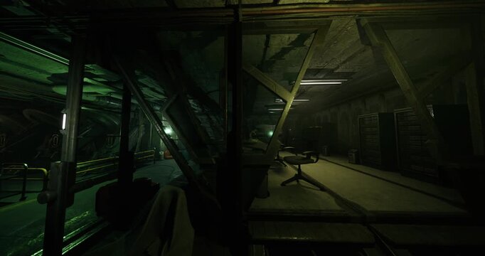 evacuation corridor with exit signage, flickering emergency lights, smokestained walls, stairwell descending to shelter, caution tape and scattered debris,