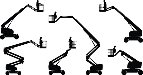 Boom lift silhouettes, aerial work platform safety flat vector construction illustration © MstBegum