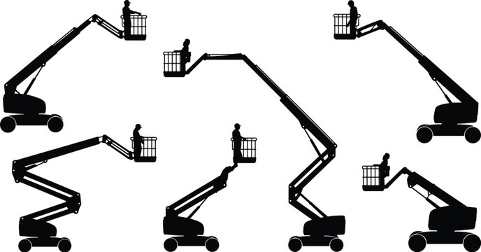 Boom lift silhouettes, aerial work platform safety flat vector construction illustration