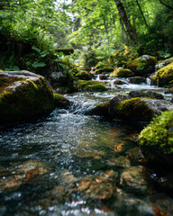 Obraz premium Fresh spring water flowing over mossy rocks in mountain stream pristine nature landscape concept