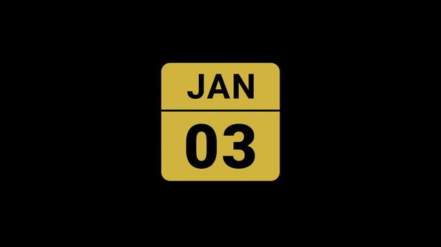 Animated Calendar Icon January 3rd Date Metallic Gold Isolated On Black Background